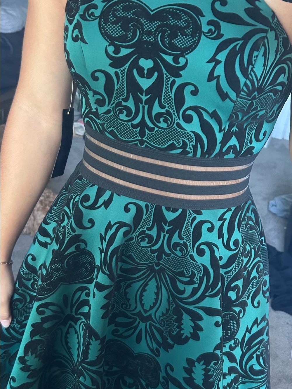 Jodi Kristopher Teal and Black Fit-and-Flare Dress with Striped Waistband